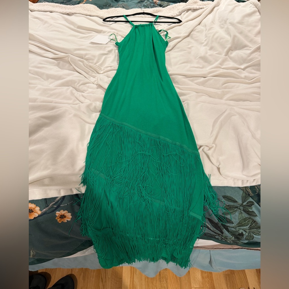 NWT Free People Elexiay Lokoja Green Fringe Halter Maxi Dress Small - Picture 8 of 13